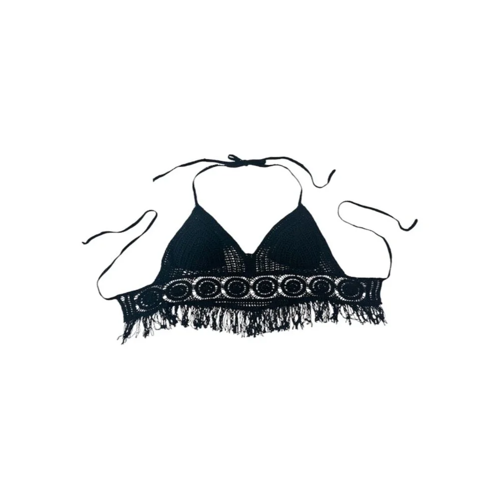 Sans Souci Crochet Halter Top Womens Large Boho Festival Fringe Cotton Bralette - Picture 2 of 5